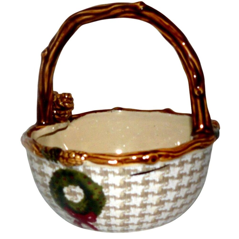 Ceramic Woven Holiday Basket Wreath Design & Brown Handle St. Nicholas Square